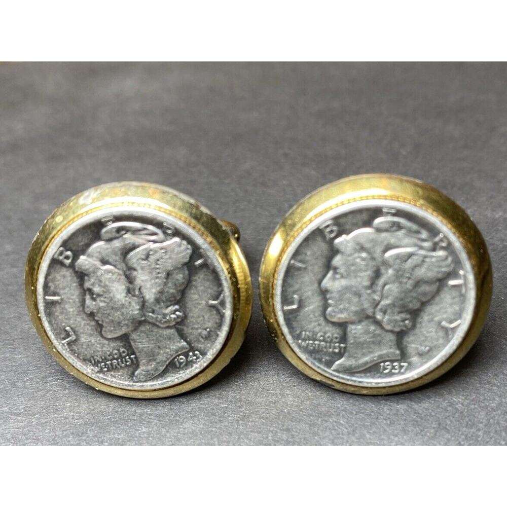 Vintage Gold Men's US 1937~ 1943 Mercury Liberty Dime Coin Money Suite Cufflinks